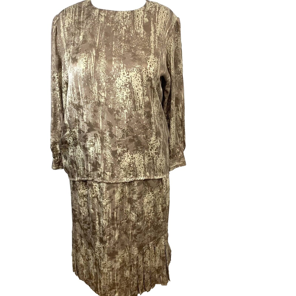 Studio Collection 100% Silk 2 Piece Skirt Set Size 20 Vintage Abstract Brown